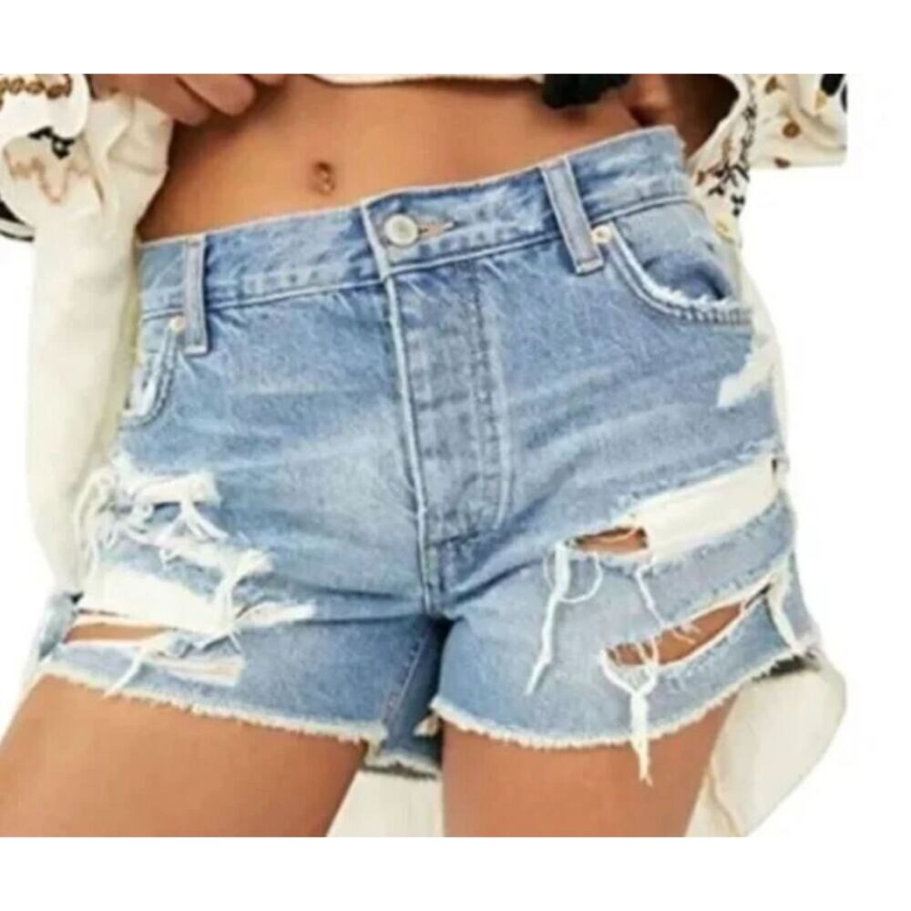 We The Free Shorts Button Fly Distressed Cut Offs Blue 28